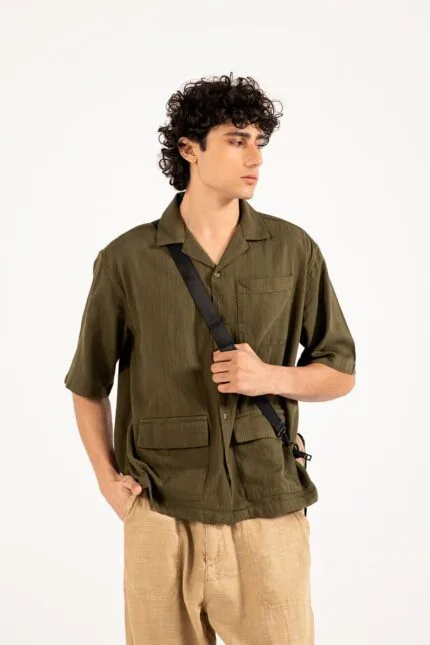 BAGGY FIT TEXTURED RESORT COLLAR SHIRT